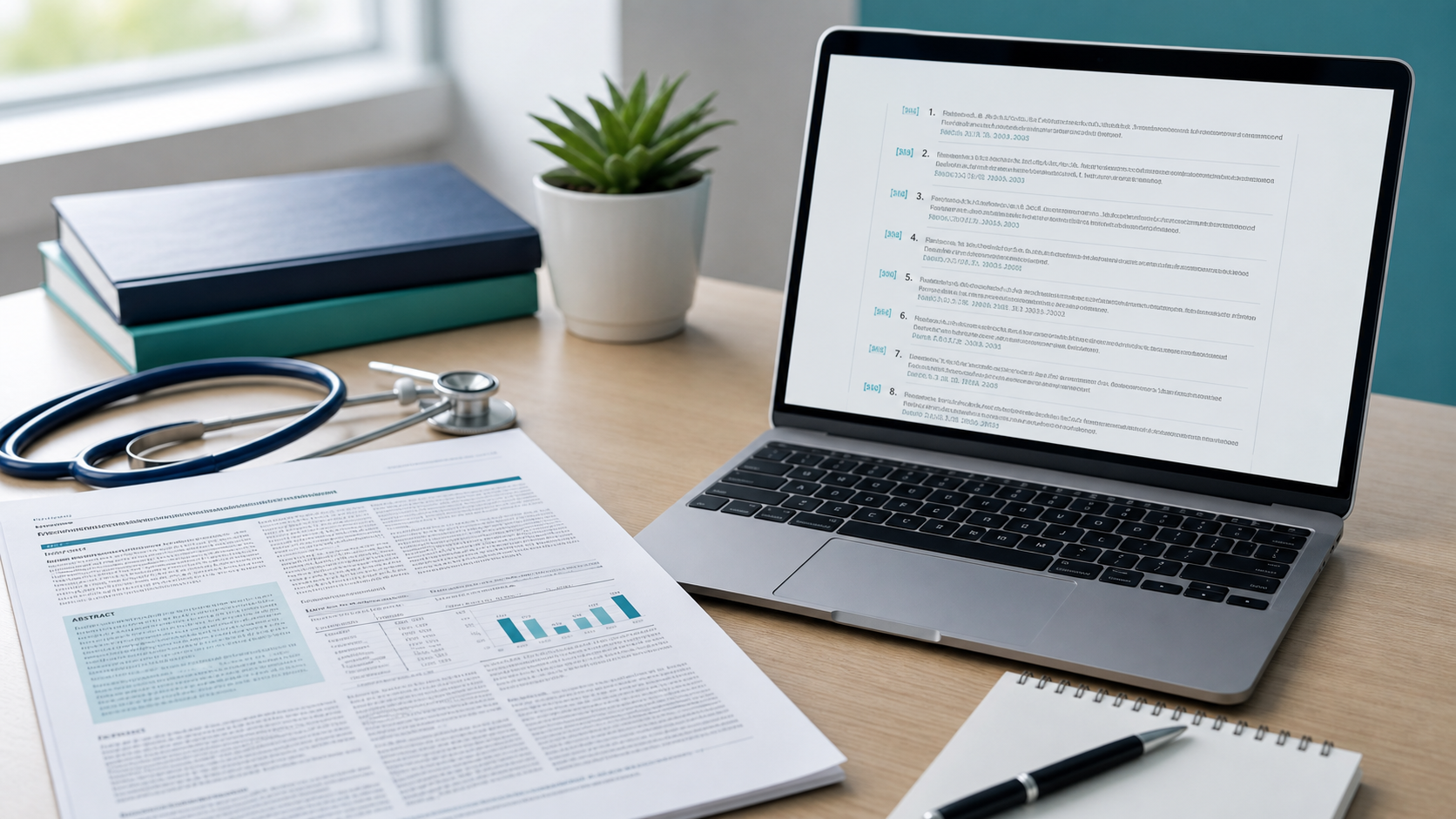 Medical citation workspace with journal article notes and a laptop reference list